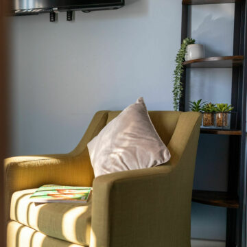 Green Chair with silver cushion with sunlight coming through the window. A shelf with plants behind the chair. A good spot to read a magazine over looking our gardens